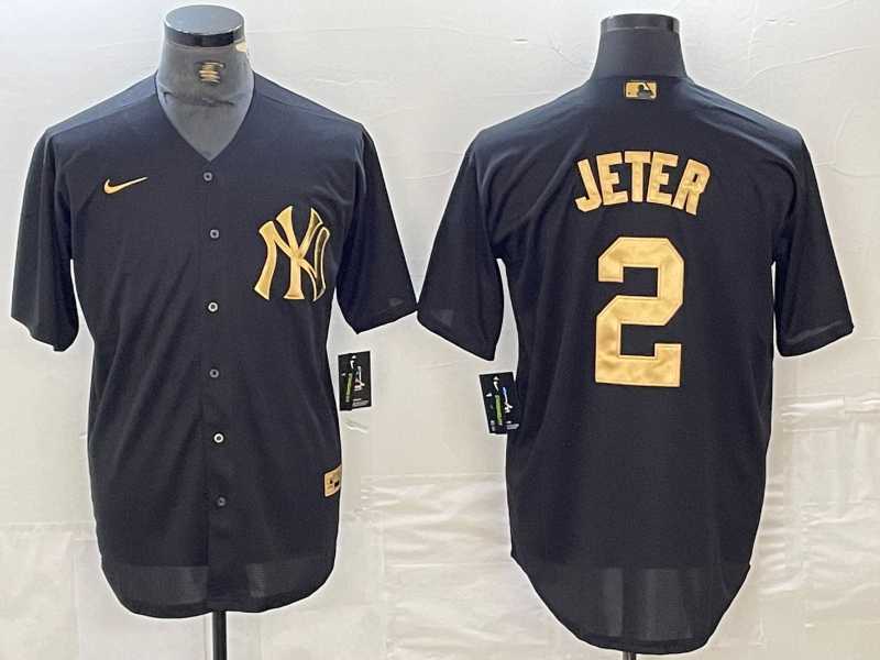 Men%27s New York Yankees #2 Derek Jeter Black Gold Cool Base Stitched Jersey->new york mets->MLB Jersey
